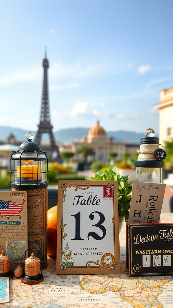 A vintage-inspired table number 13 displayed among decorative items with a scenic backdrop.