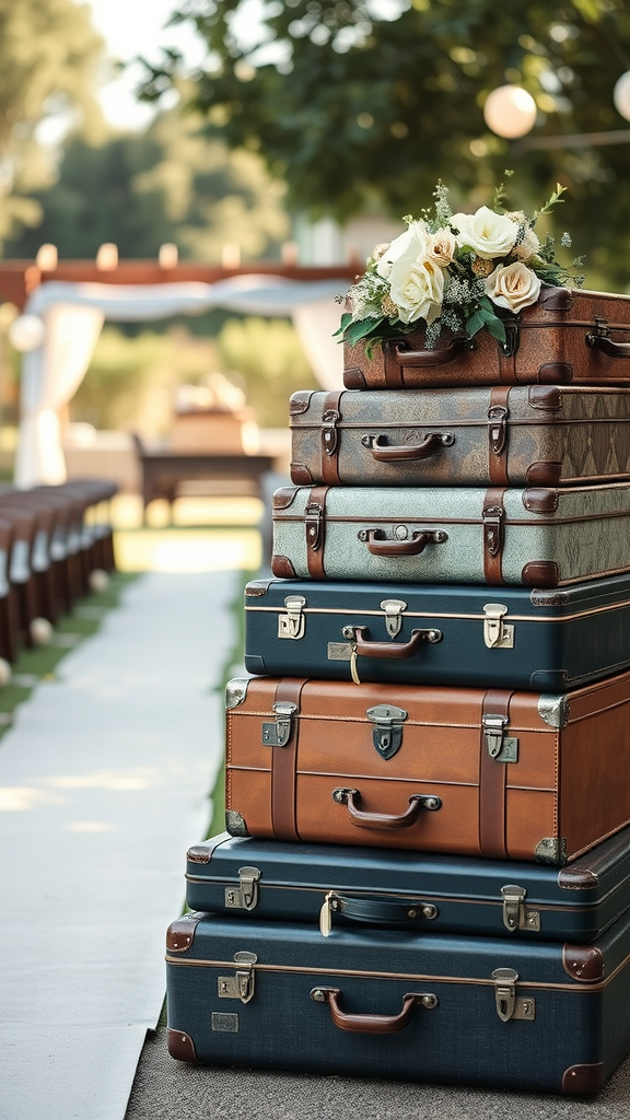 A stack of vintage suitcases adorned with flowers, placed along a wedding aisle.