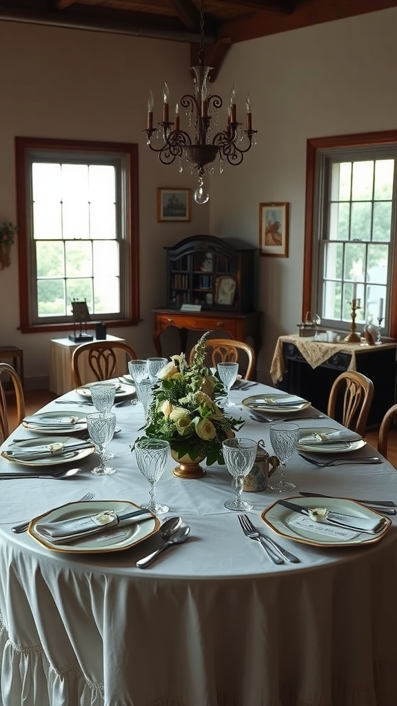A beautifully set vintage wedding table with floral centerpiece, elegant glassware, and mismatched plates.
