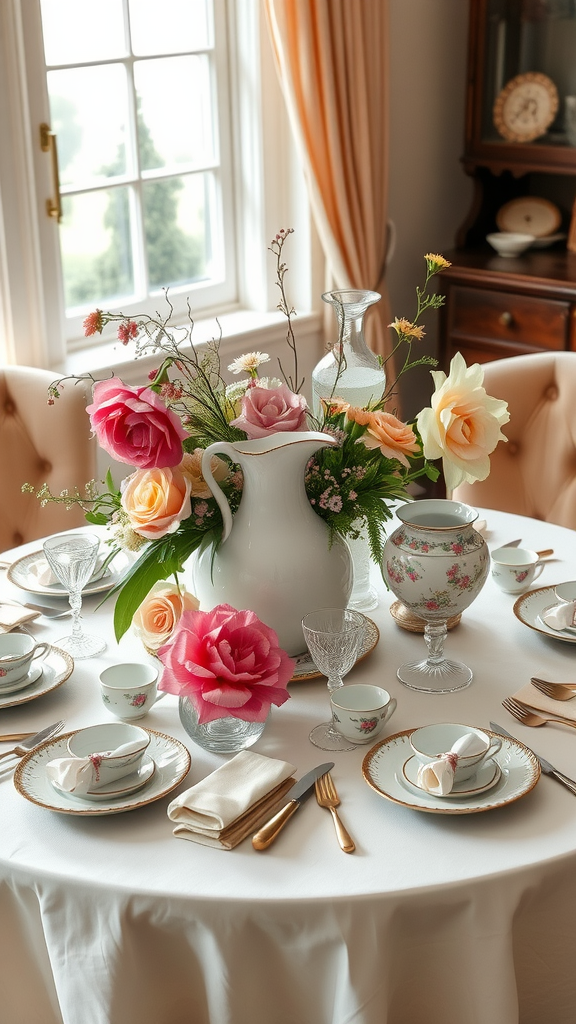 A beautifully arranged vintage tableware display featuring floral centerpieces and elegant glassware.