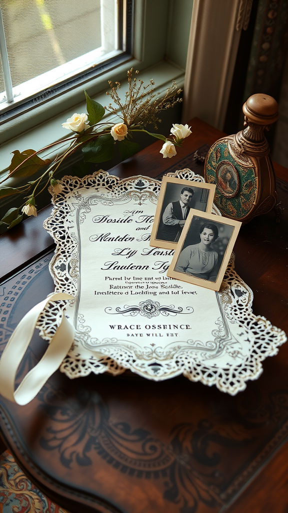 An elegant vintage wedding invitation with lace detailing, accompanied by two black and white photographs on a wooden table.