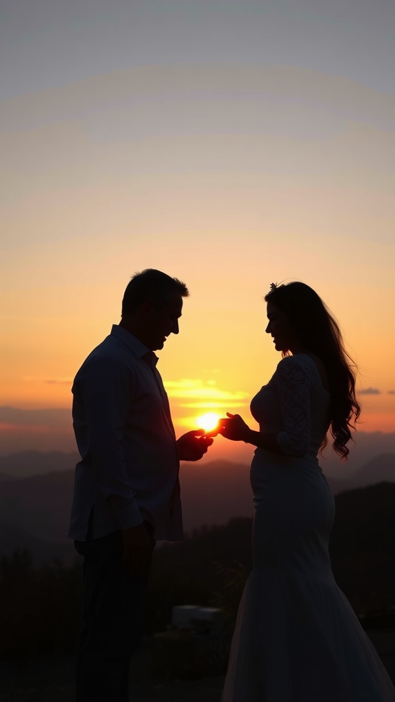 A couple holding hands at sunset, capturing a romantic moment.