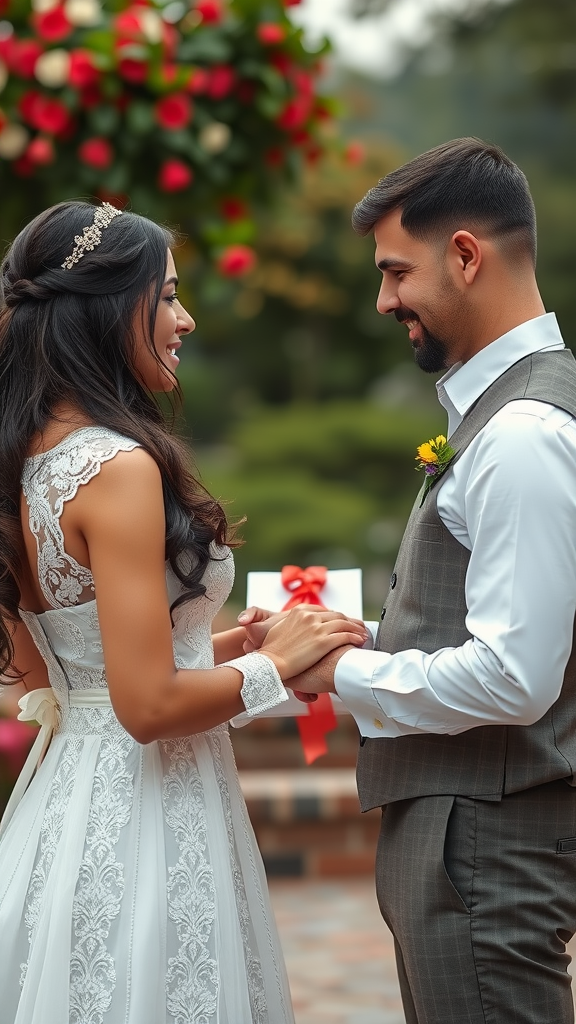 A couple exchanging heartfelt wedding vows outdoors, surrounded by vibrant flowers.