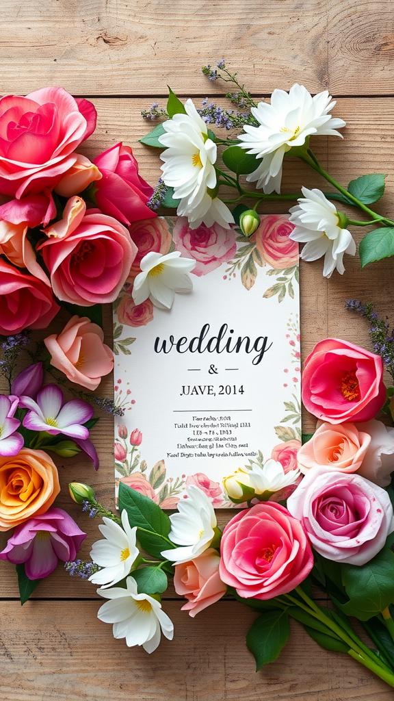 Wedding invitation card with watercolor floral designs surrounded by real flowers.