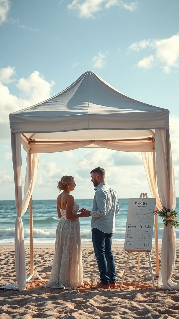 A couple standing under a tent on the beach, exchanging vows with the ocean in the background.