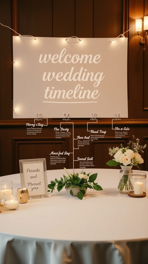 Wedding timeline display on a welcome table, featuring event details.