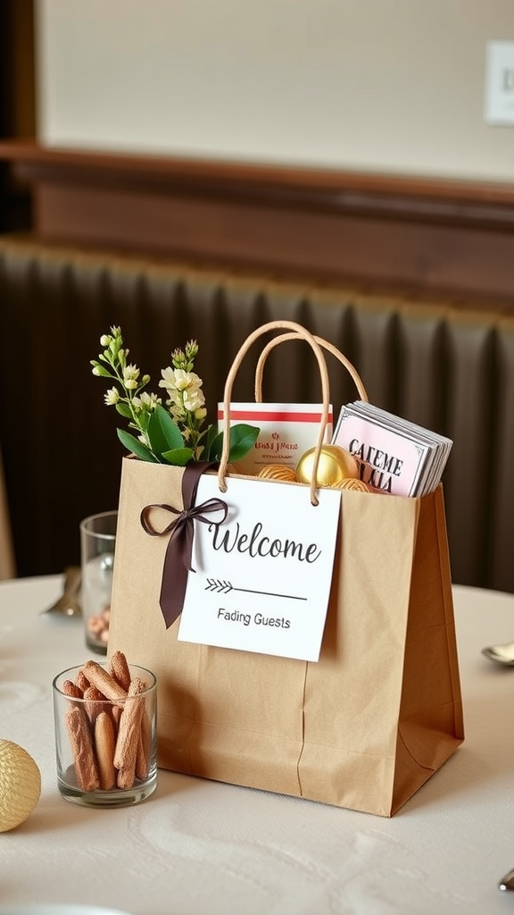 A welcome bag for wedding guests on a table, featuring snacks and a note.