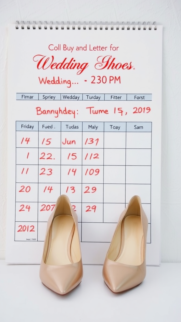 A pair of wedding shoes in front of a calendar marked with wedding details.