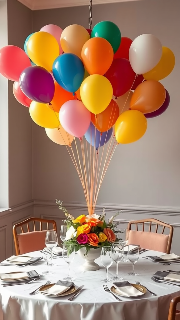 A round table decorated with a whimsical balloon installation and vibrant flower centerpiece.