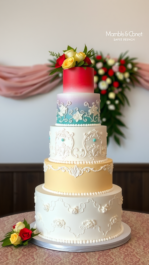 A multi-tiered wedding cake featuring colorful layers and floral decorations.