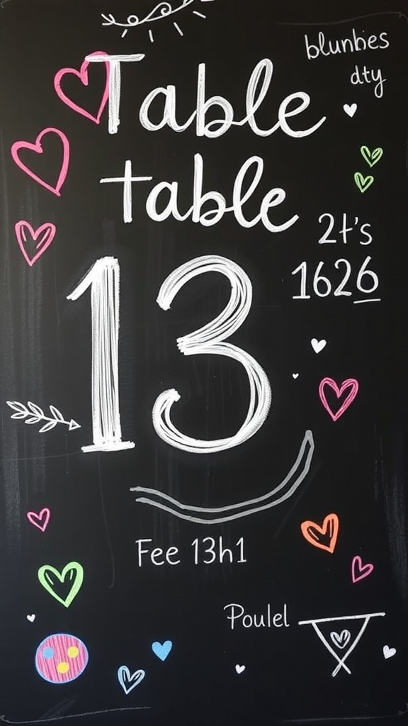 A whimsical chalkboard sign showing table number 13, decorated with colorful hearts and doodles.