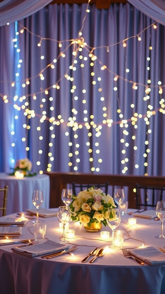 A beautifully decorated wedding table featuring fairy lights, flowers, and candles.