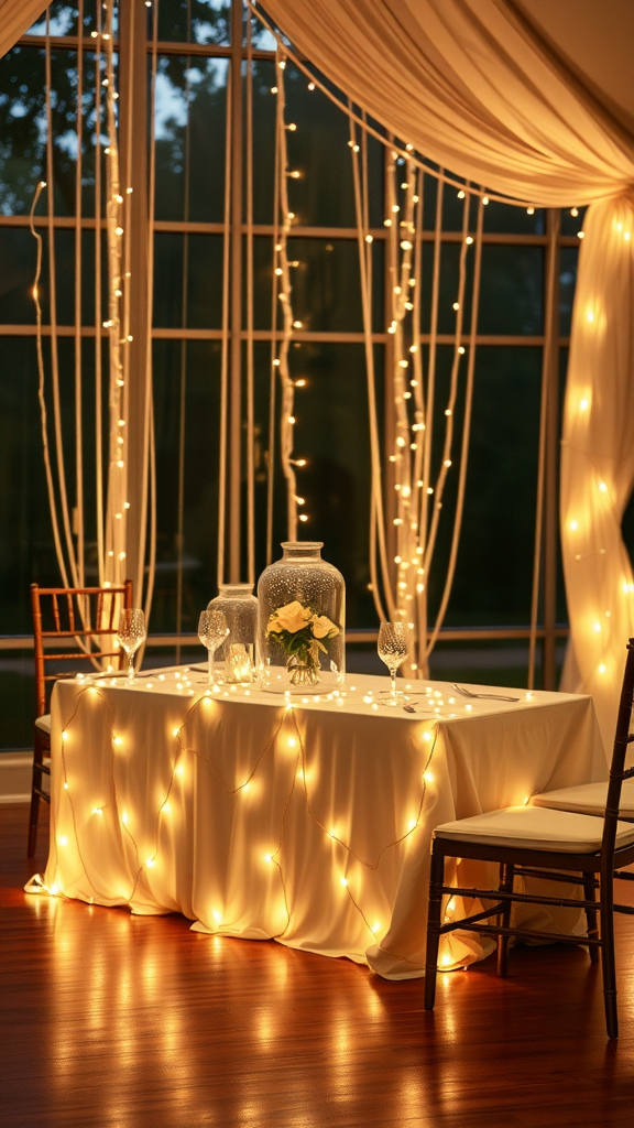 Wedding table decorated with fairy lights and flowers