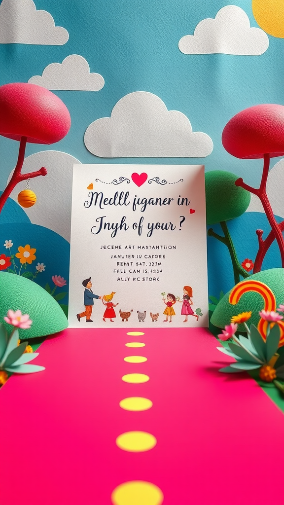 A playful wedding invitation surrounded by colorful scenery and cute characters.