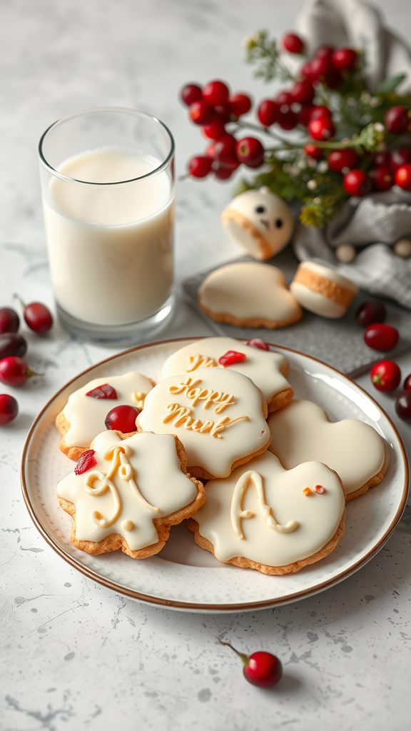 Plate of white chocolate cranberry cookies with a glass of milk and festive decorations.