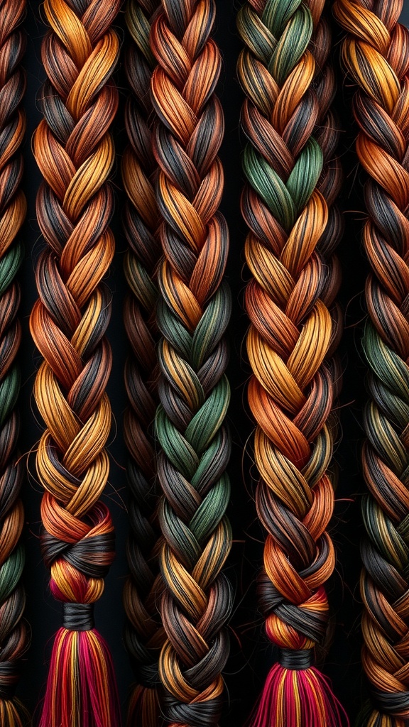 Close-up of a person with creatively twisted box braids in black and brown tones.