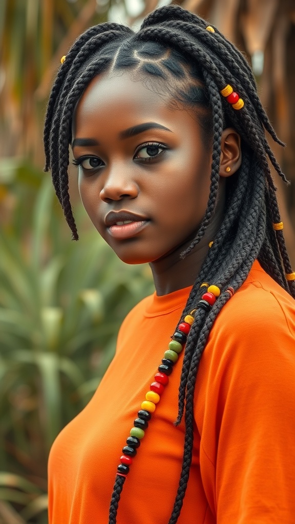A person with chunky knotless box braids adorned with colorful beads, wearing an orange shirt.