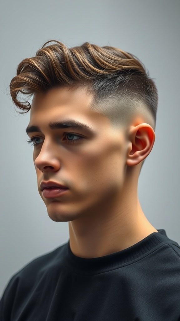 A young man with a classic fade haircut featuring wavy hair on top, showcasing a stylish and modern look.