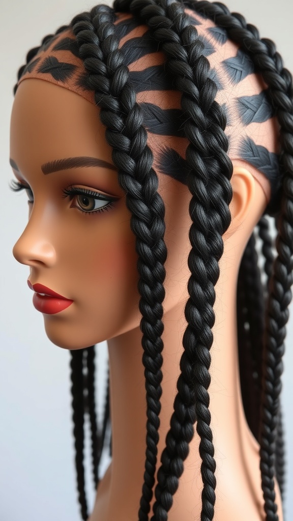 A mannequin displaying classic knotless box braids, showcasing a sleek and polished hairstyle.