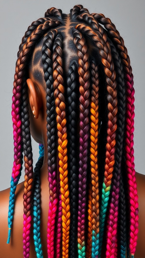 Colorful ombre knotless braids featuring a blend of pink, blue, and orange shades.