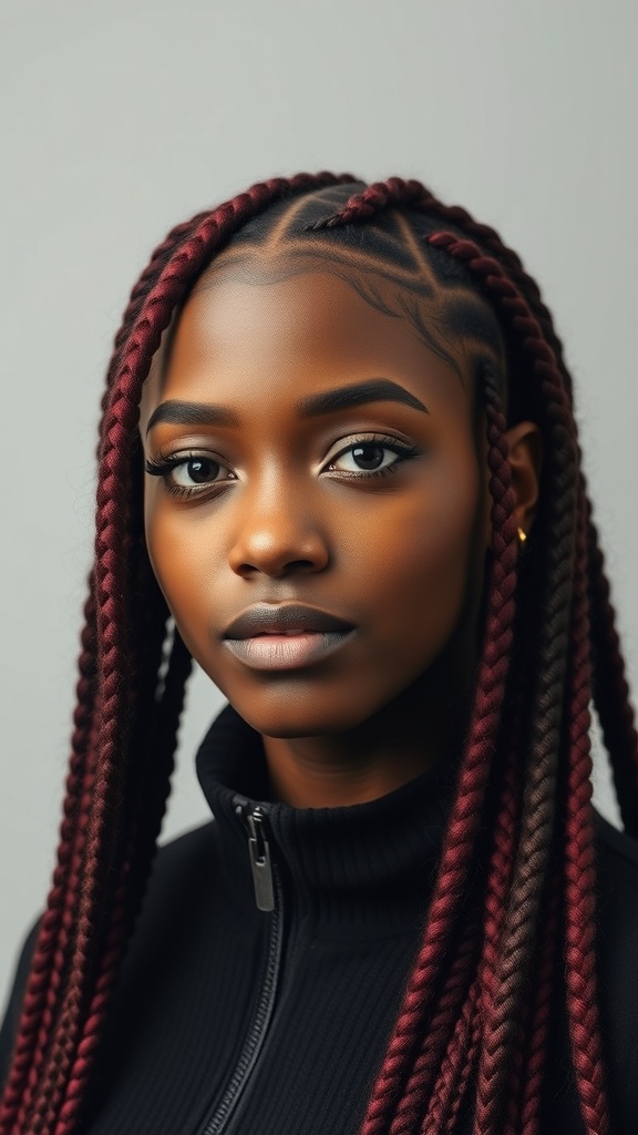 A young woman with boho knotless braids styled in a half-up, half-down look, adorned with jewelry.