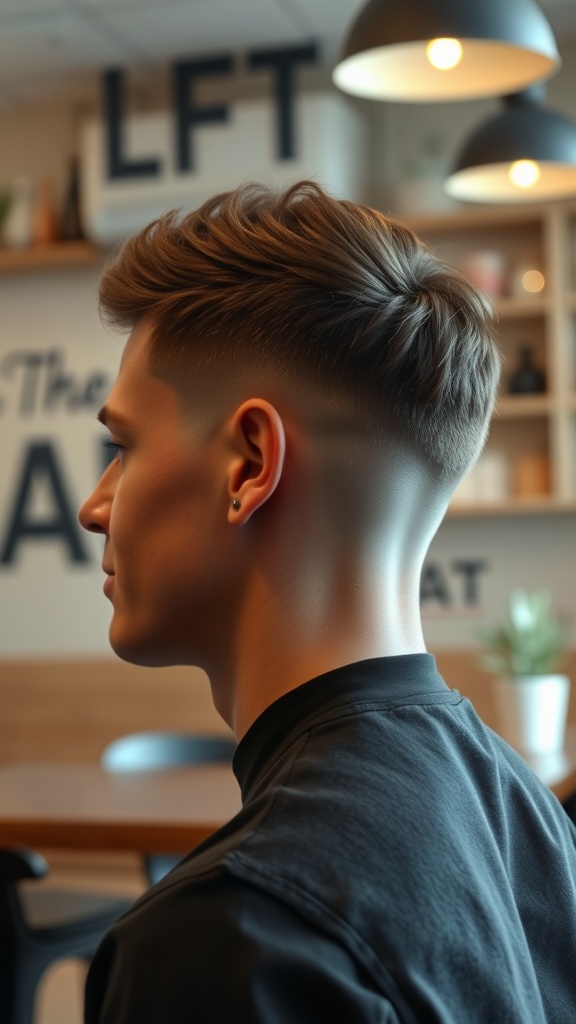 A young man showcasing a disconnected fade haircut, with longer hair on top and faded sides.