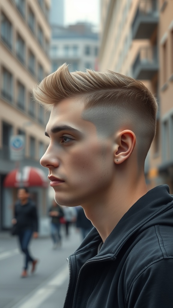 A young man with a fade haircut and angular fringe, standing in a city street.