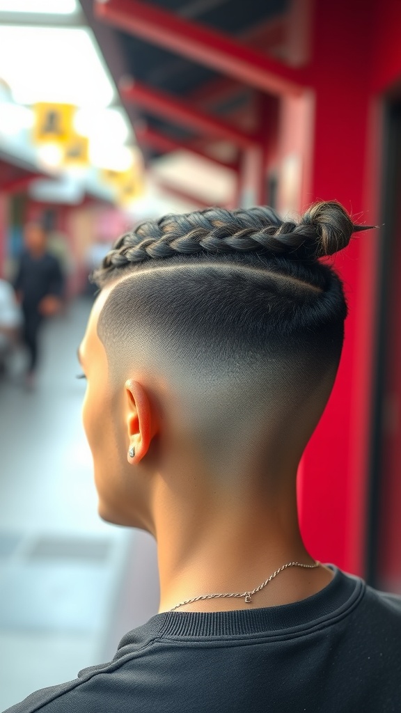A stylish fade haircut with braids on top, showcasing a clean fade and intricate braid design.
