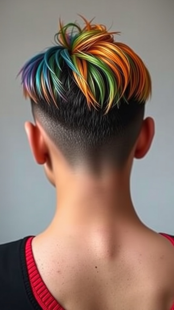 A stylish fade haircut with colorful highlights in shades of orange, green, and blue.