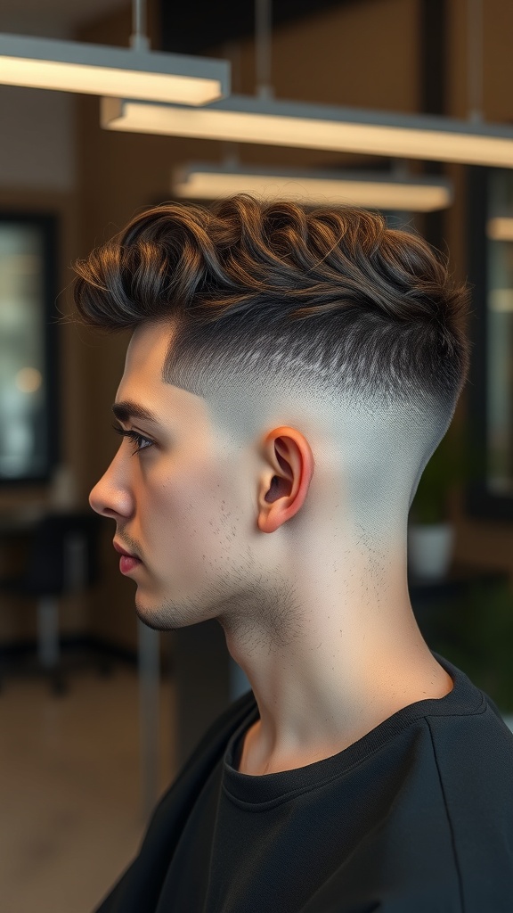 A stylish fade haircut with a curly undercut, showcasing a clean fade on the sides and voluminous curls on top.