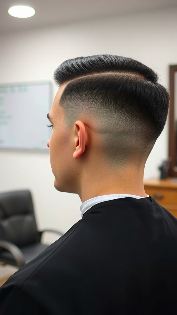 A young man showing a fade haircut with a defined part, highlighting the clean lines and stylish look.