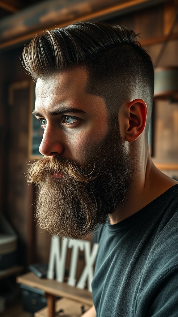 A man with a fade haircut and a full beard, showcasing a stylish and masculine look.