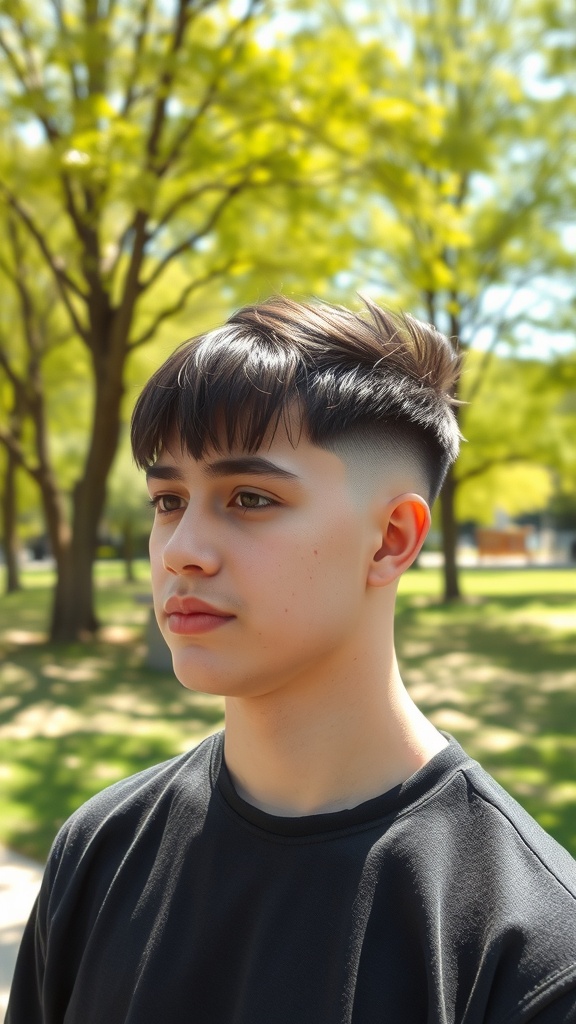 A young person with a fade haircut and long fringe, standing outdoors in a park.
