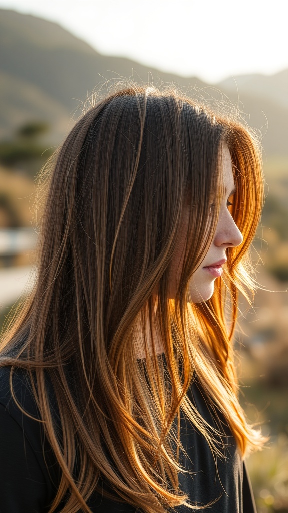 A woman with long hair styled with a fade haircut, standing outdoors.