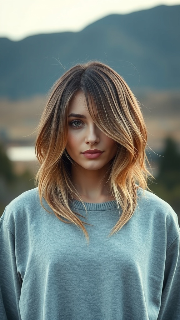 A woman with long layered hair and a fade haircut, standing outdoors with mountains in the background.