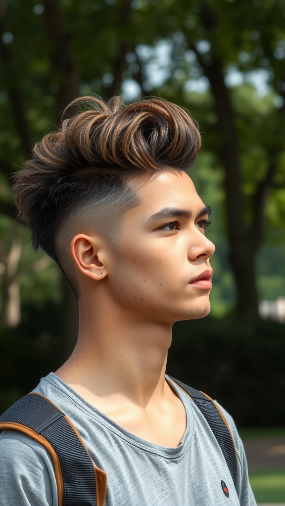 A young man with a fade haircut and loose curls on top, standing outdoors.