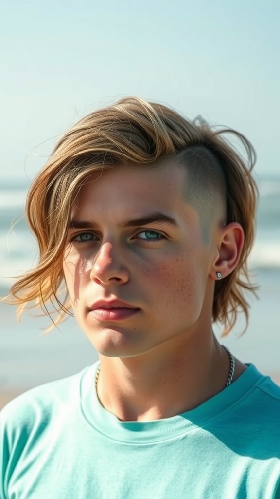 A young man with a fade haircut and loose waves, standing by the beach.
