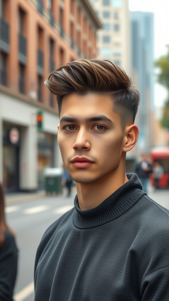 A young man with a modern quiff hairstyle and a fade on the sides, wearing a black turtleneck sweater.
