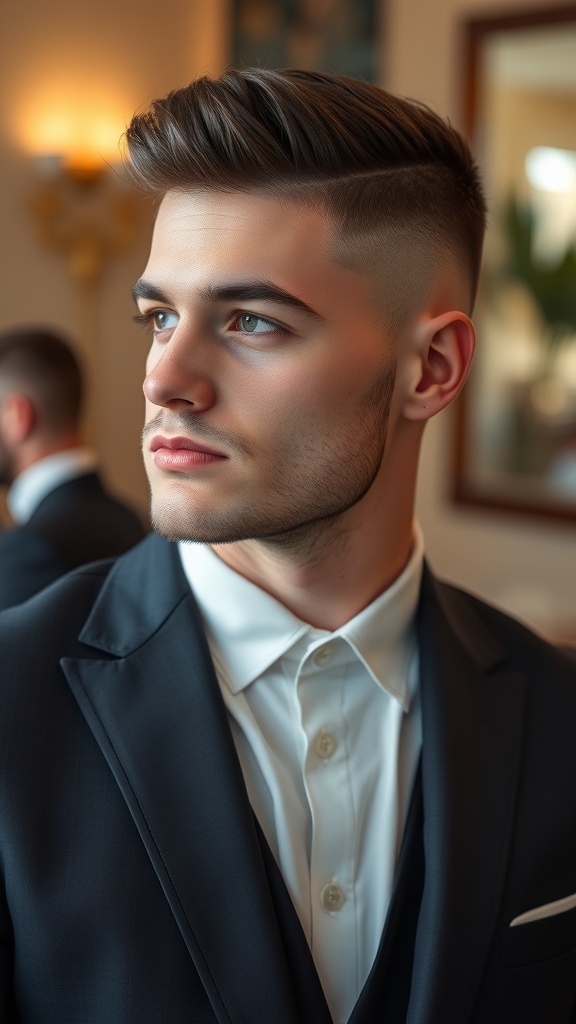 A young man with a fade haircut and neat sideburns, wearing a suit.