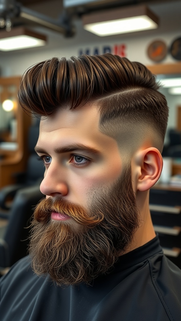 A stylish fade haircut with a pompadour and a well-groomed beard.