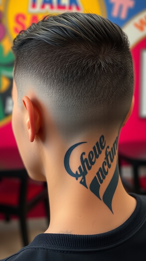 A close-up of a fade haircut with a shaved design on the back of the head.