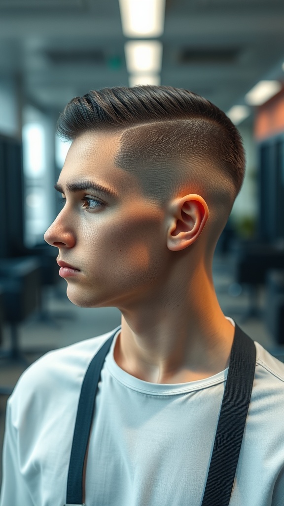 A young man with a fade haircut and side part, showcasing a modern and stylish look.