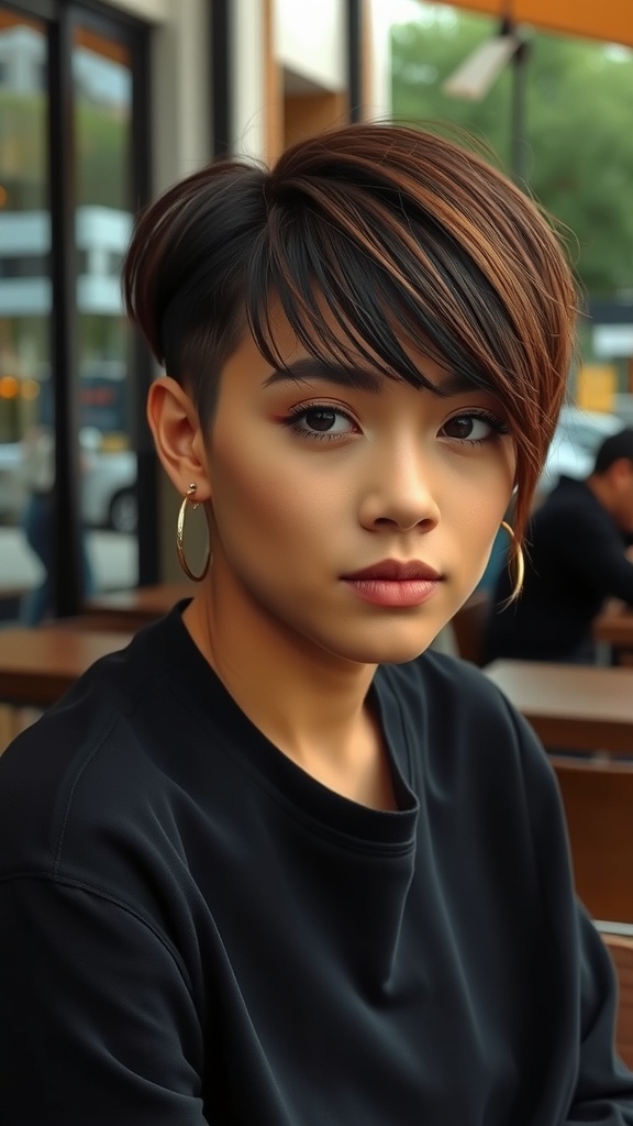 A stylish fade haircut with side swept bangs, showcasing a modern and polished look.