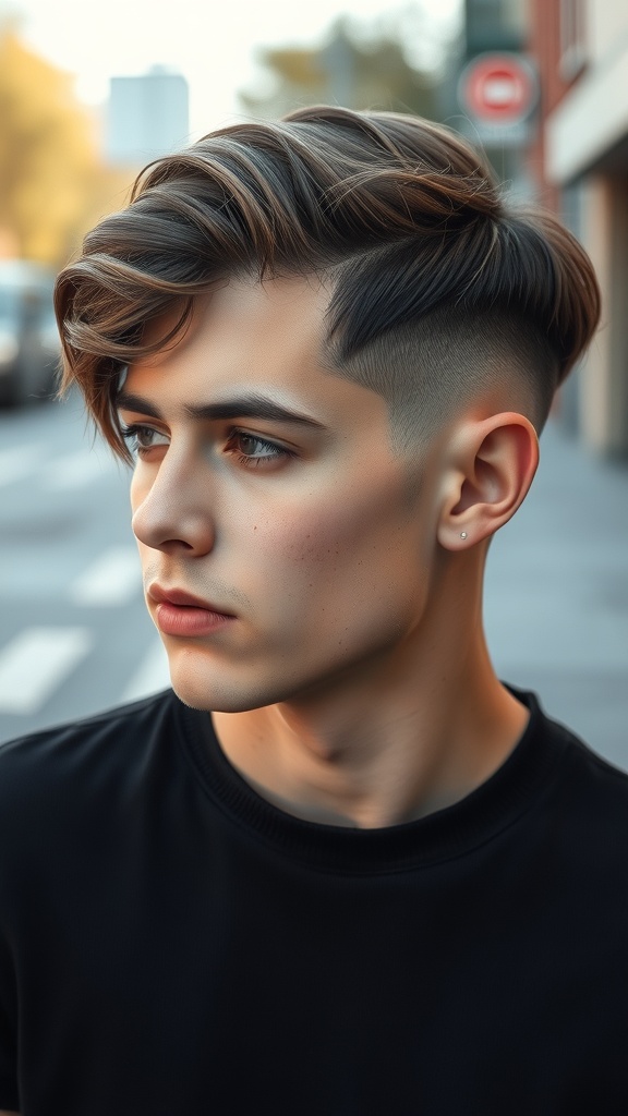 A young man with a fade haircut and side swept hair, showcasing a stylish and modern look.
