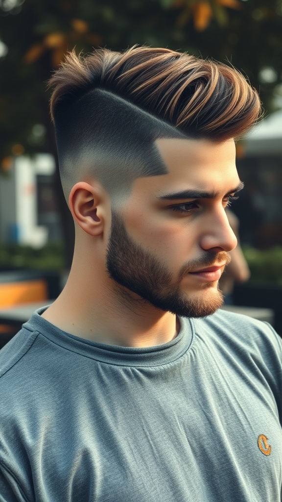 A stylish fade haircut with well-groomed sideburns, showcasing a clean transition from short sides to longer hair on top.