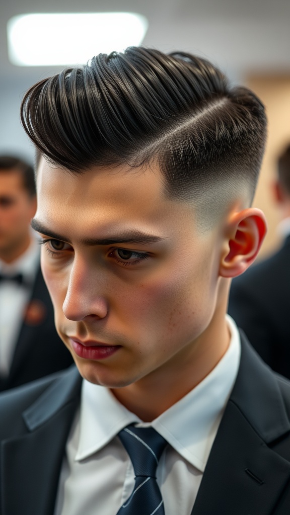A young man with a slicked back hairstyle and a fade on the sides, dressed in a suit.