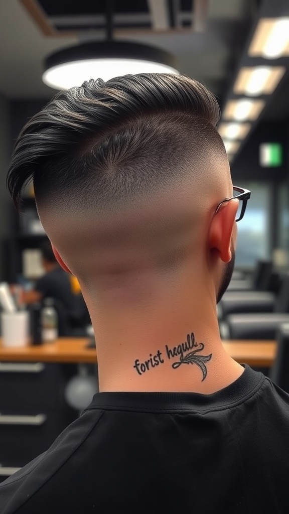 A close-up of a fade haircut with slicked-back hair on top, showcasing a clean fade on the sides.