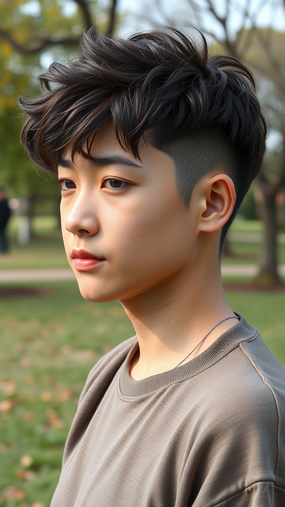 A young person with a fade haircut and textured bangs, showcasing a stylish look in a park.