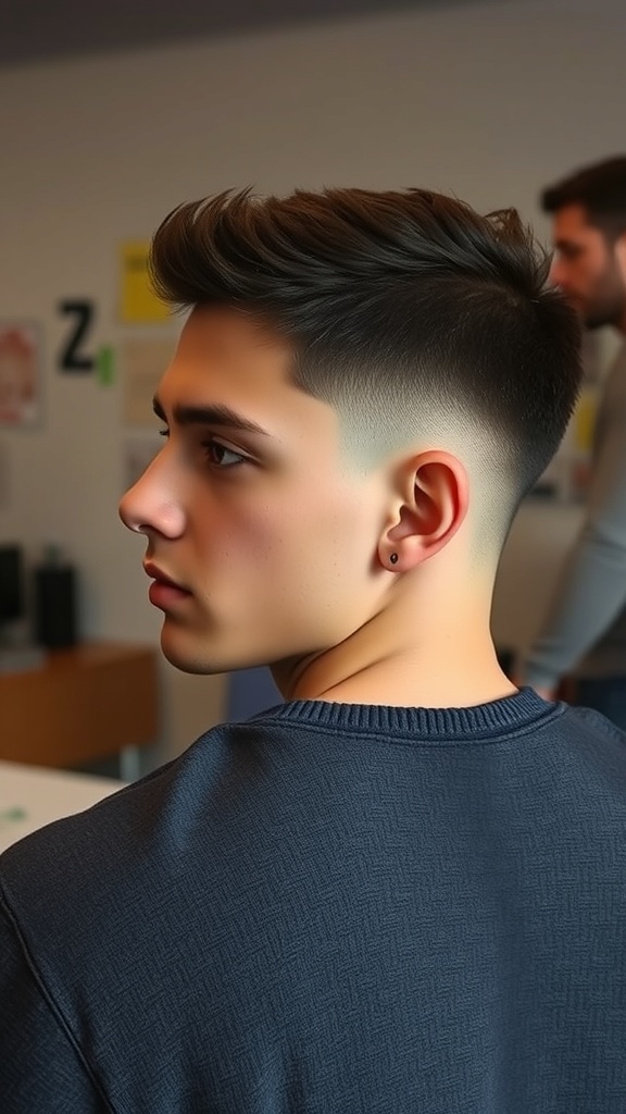 A young man with a fade haircut and textured crop, showcasing a modern hairstyle.