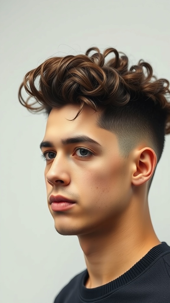 A young man with voluminous curls on top and a clean fade on the sides.